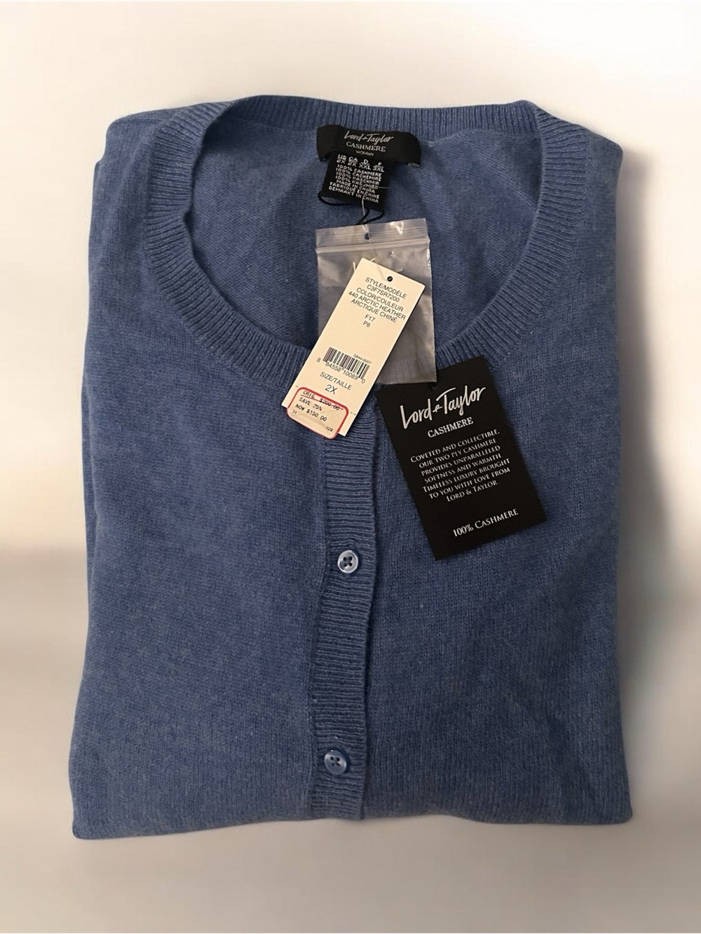 100% Cashmere Lord & Taylor Soft Blue Button-Up Crewneck Cardigan